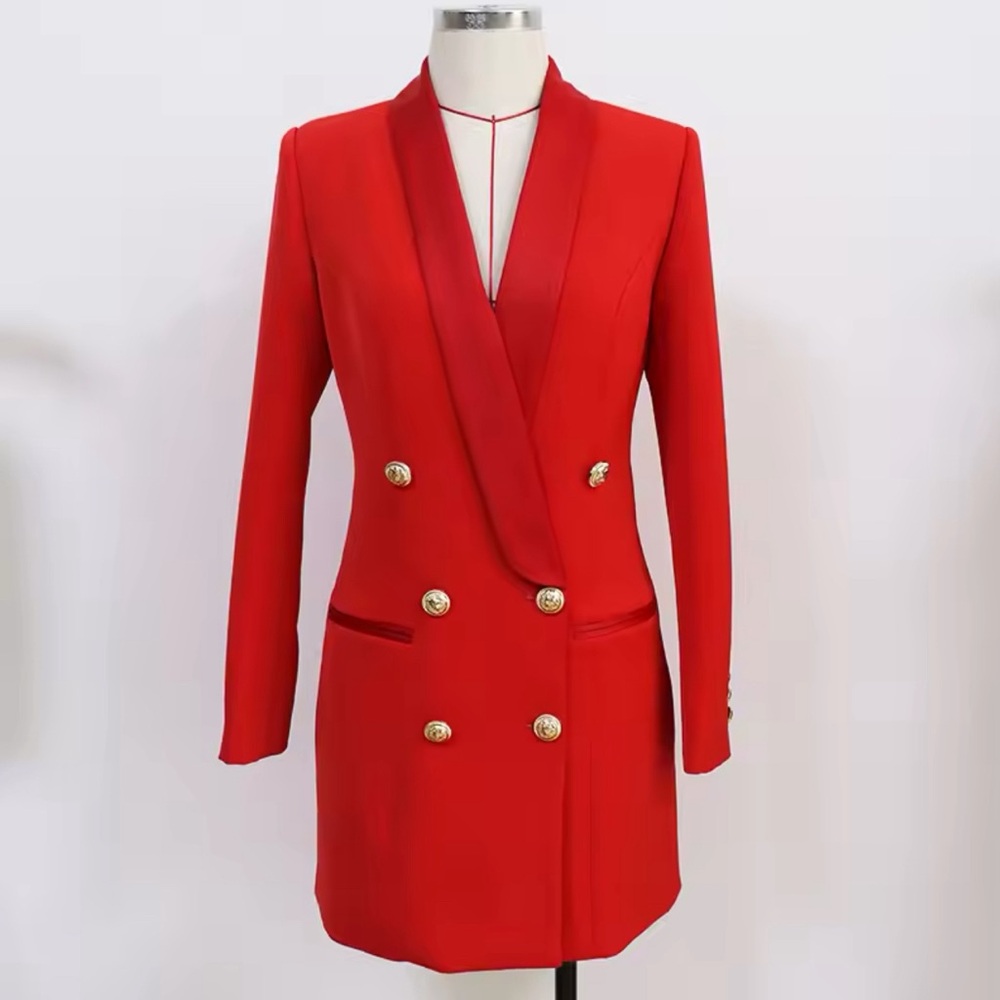 Blazer dress with gold button detail.